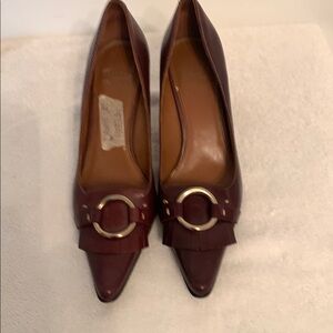 Joan & David Brown Leather Heels with Metallic Ornament